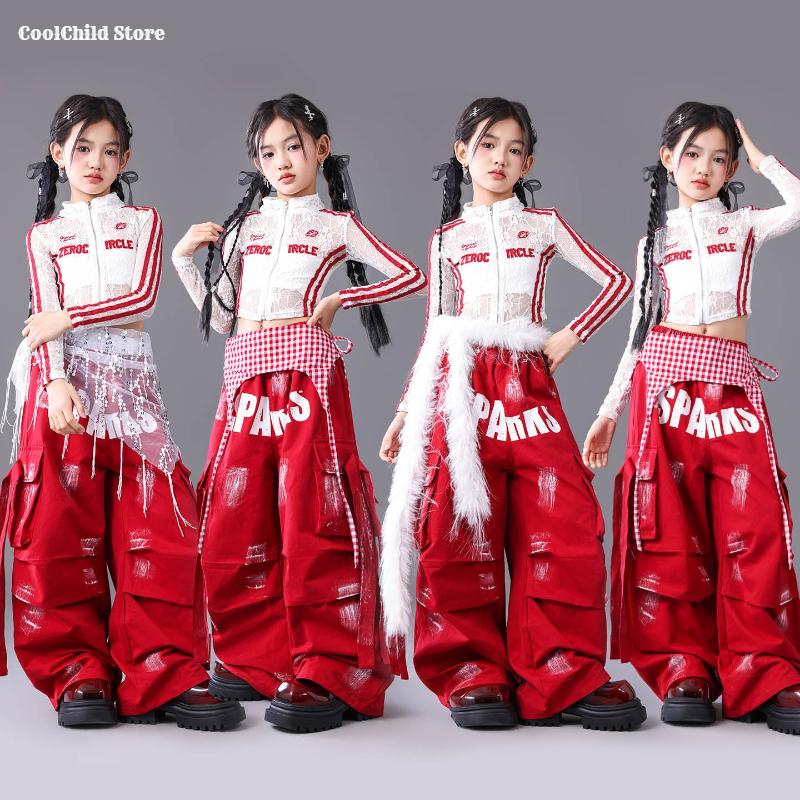 Girls Hip Hop Mesh Crop Jacket Paint-Speckled Cargo Pants Costumes Kids Streetwear Children Jazz Girl Group K-pop Clothes Sets