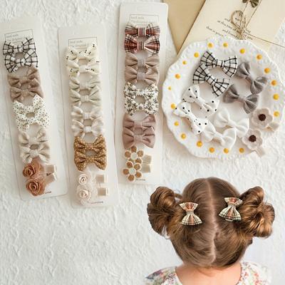 High Quality10pcs Plaid/Polka Dots/floral Bow Hair Clips, for Youngsters's Headwear, Cute Girls Hair Accessories