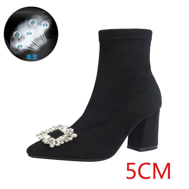 Spitzer dicker Absatz Herbst und Winter dicker Absatz Internet-Berühmtheit Strass quadratische Schnalle High Heel dünne Stiefel Fleece elastische Sockenstiefel Wildleder Schu