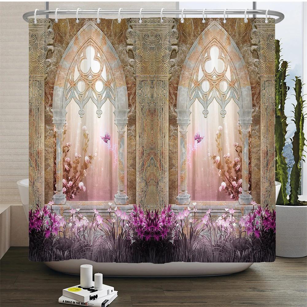 3D Waterproof Fabric Shower Curtains European Style Arched Flower Printed Bath Curtain Large 240X180 With Hooks Bathroom Screen