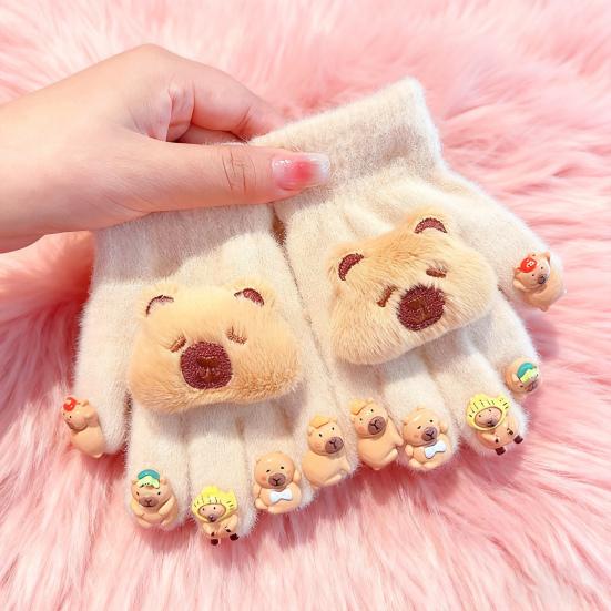 Winter Children Plush Capybara Gloves 3D Capybara Doll Gloves Soft Warm Five Finger Gloves for Cold Weather Outdoors