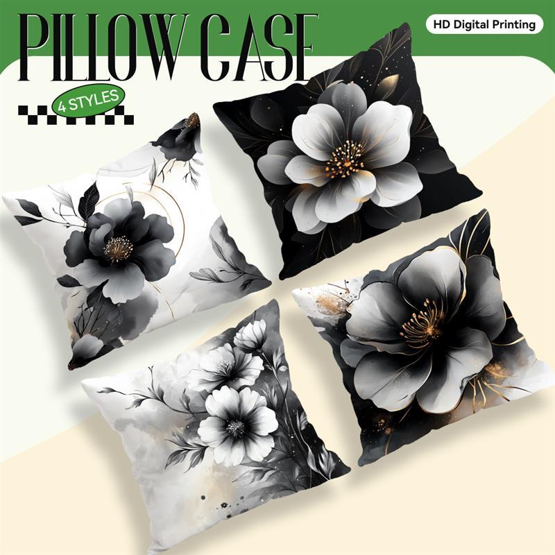 Schwarz Weiß Gold Floral Kissenbezug Kurzer Plüsch Polyester Kissenhülle Deko Wurfkissenbezug Heim Deko