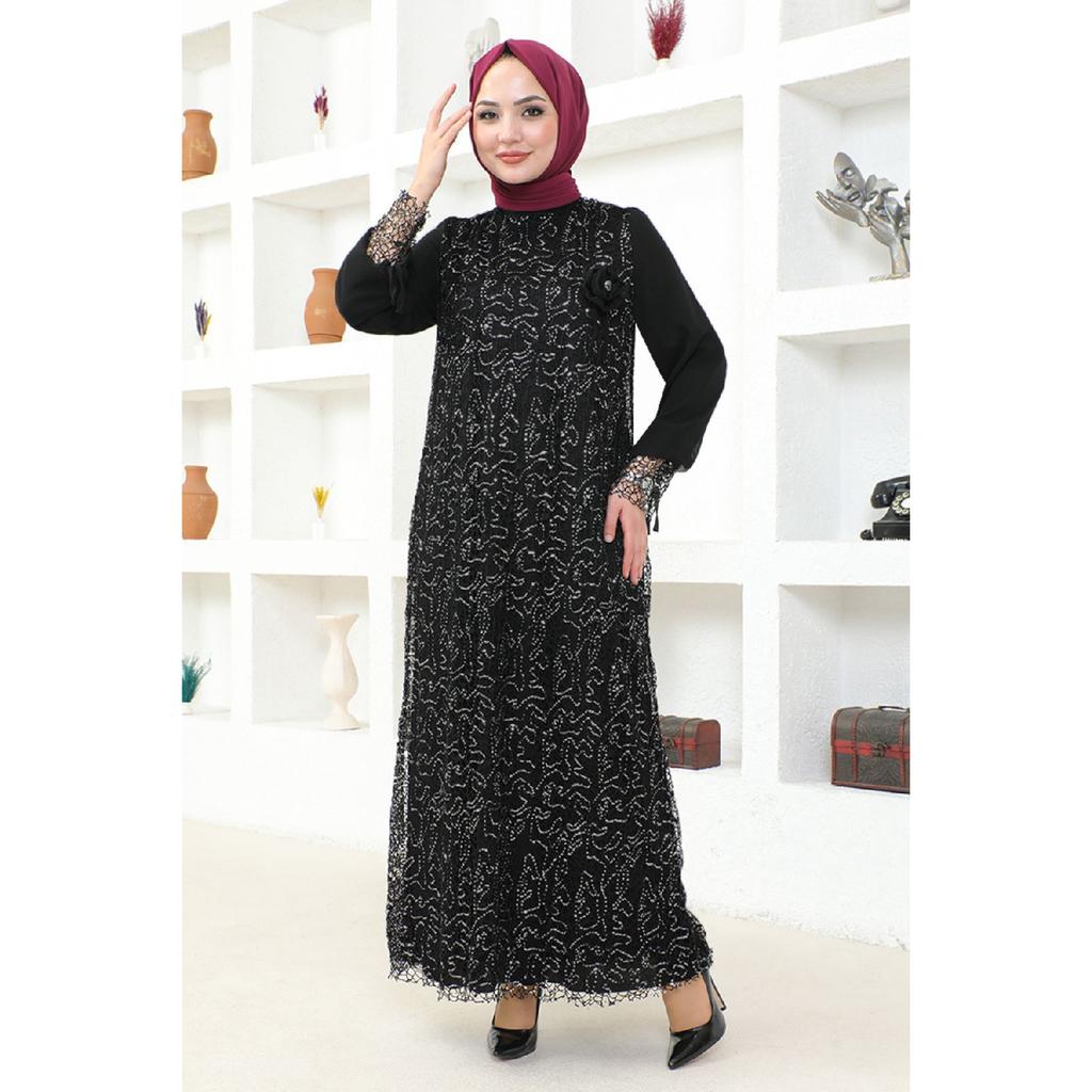 Women's Clothing Evening Dress Fashion Mesh Sequined Rose Hijab Evening Dress 2517 Navy Blue