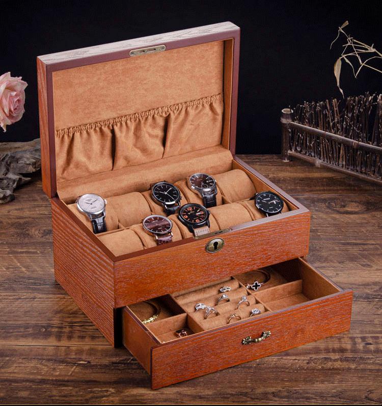 

Solid Wood Watch Box with Lock Ring Bracelet Glasses Watch Boxes Organizer Jewelry Wrist Watches Display Collection Accessories