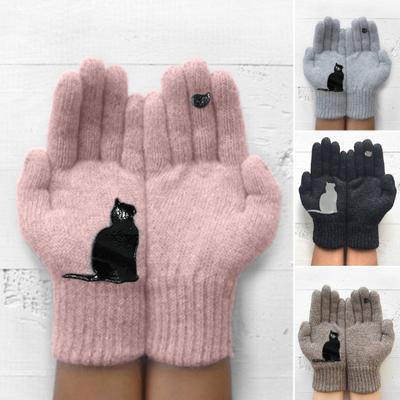 1 Paar Winterstrickhandschuhe Dickes Plüsch Einfarbig Katze und Vogel