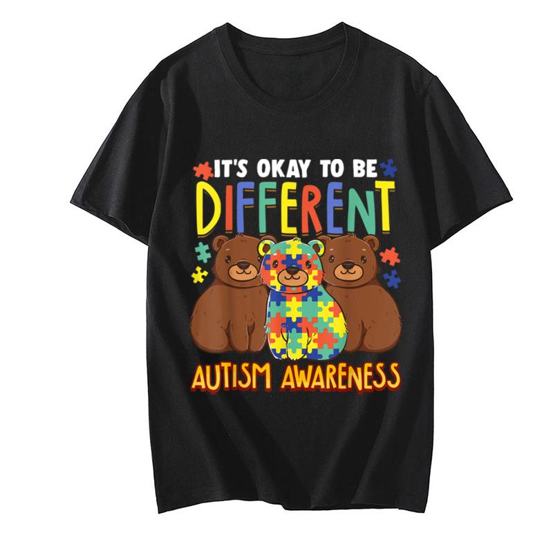 Womens Tshirt Fashion Street Short Sleeve Tops Cotton Shirt Its OK To Be Different Autism Awareness Bears Adults Kids Tops