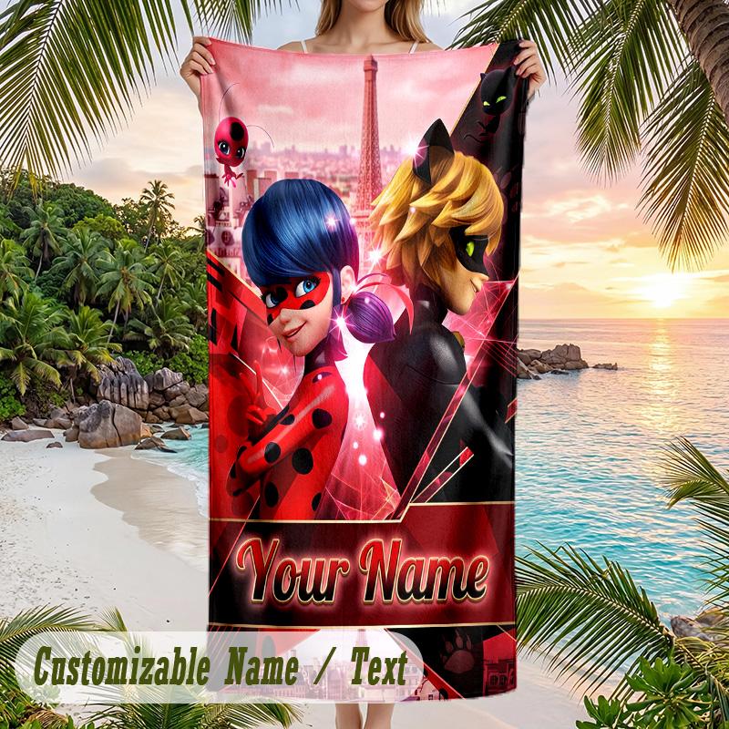 Miraculous Ladybug Strandtuch, Personalisiert mit individuellem Text, Schnelltrocknendes weiches großes Handtuch für Schwimmbad und Reisen