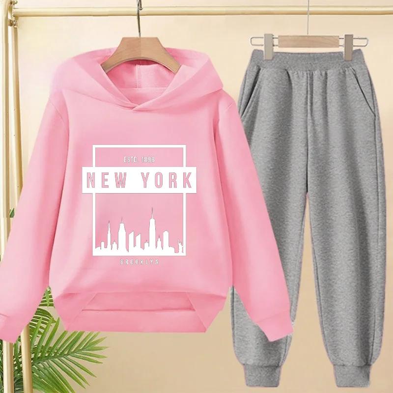 Spring Autumn New York BrookLyn Letter Print 2pcs Hoodie+Pants Tracksuits 3-13 Years Boys Girls Streetwears Children Clothes