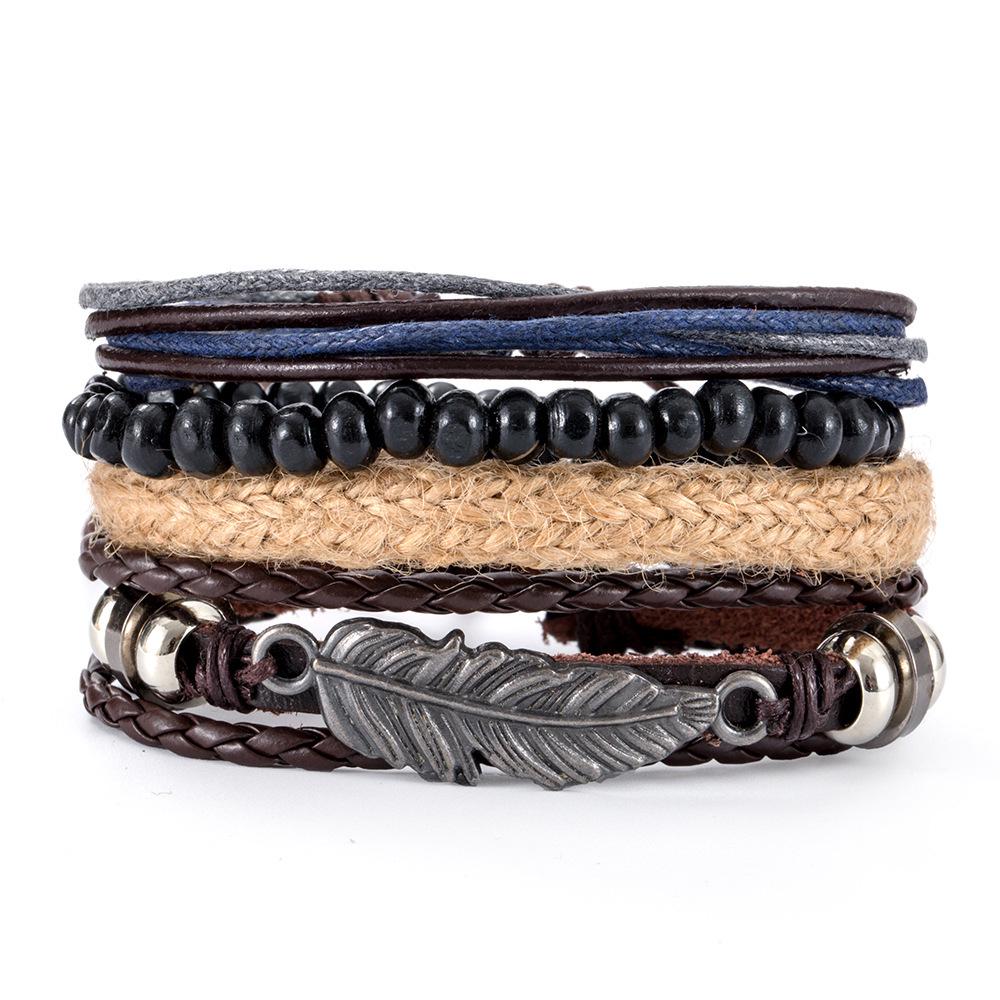 

Retro Ship Wheel Leather Bracelet Set: 4-Piece Woven Accessory for Couples