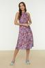 Women's Fashion New Dress Ecru Floral Pattern Belted A-Line Halter Neck Sleeveless Midi Lined Woven Dress