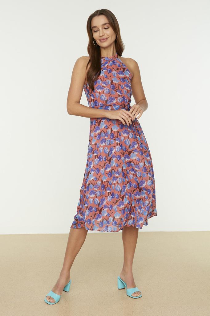 Women's Fashion New Dress Ecru Floral Pattern Belted A-Line Halter Neck Sleeveless Midi Lined Woven Dress