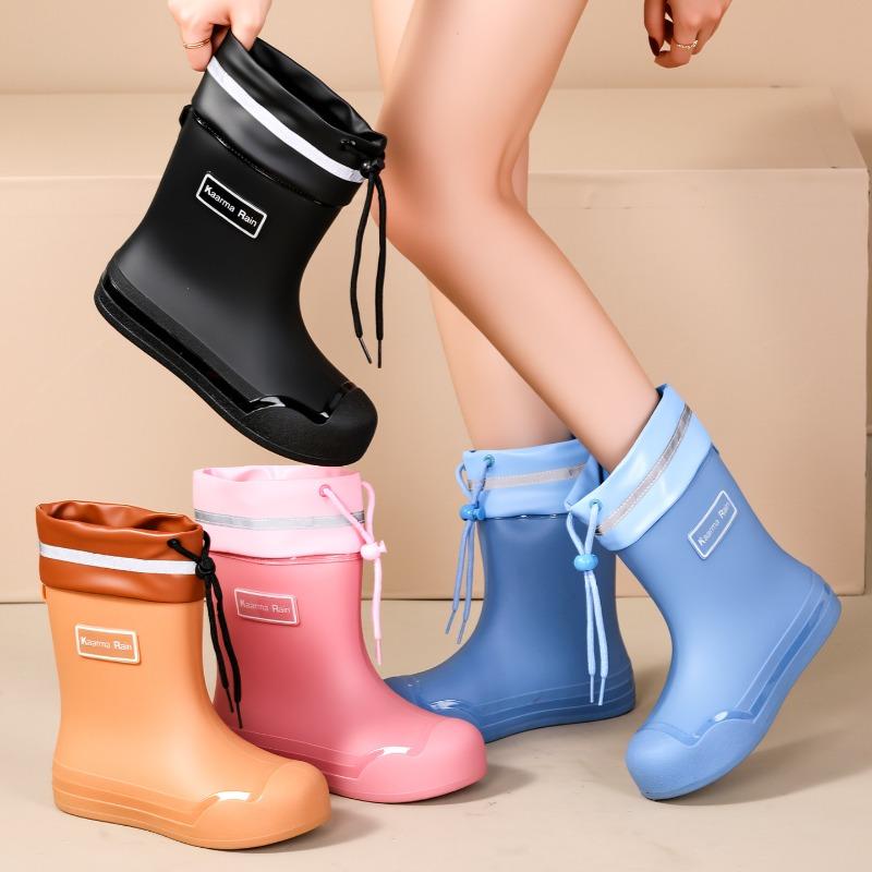 Rain shoes women's outer wear medium tube elastic mouth rain boots flat bottom work nonslip female students sea shoes