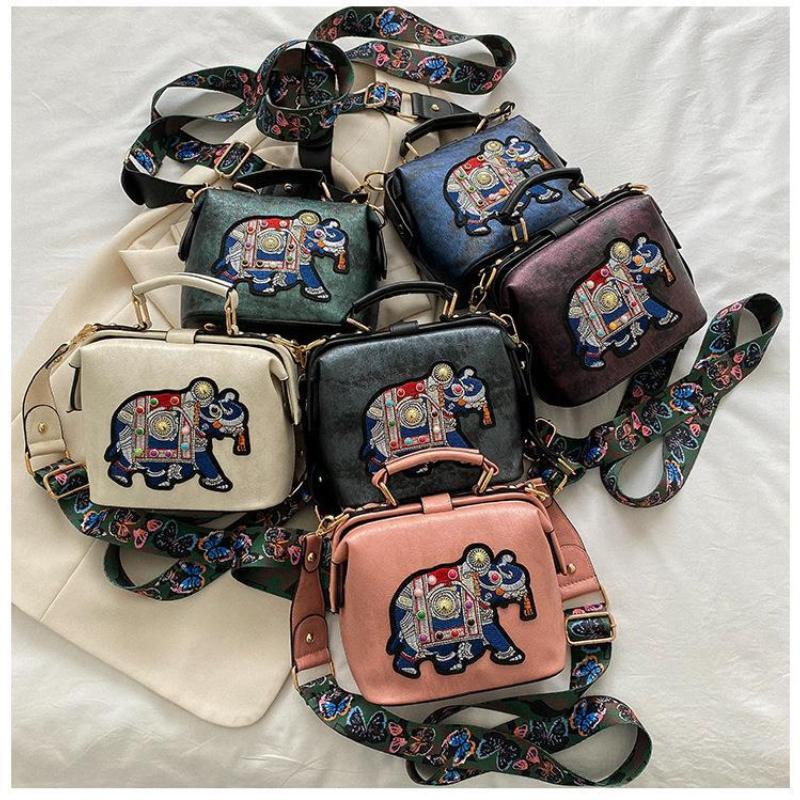 Vintage Embroidery Elephant Women's Handbags Soft PU Leather Thailand Exotic Portable Women's Messenger Bag Fashion Female Small Square Crossbody Bags