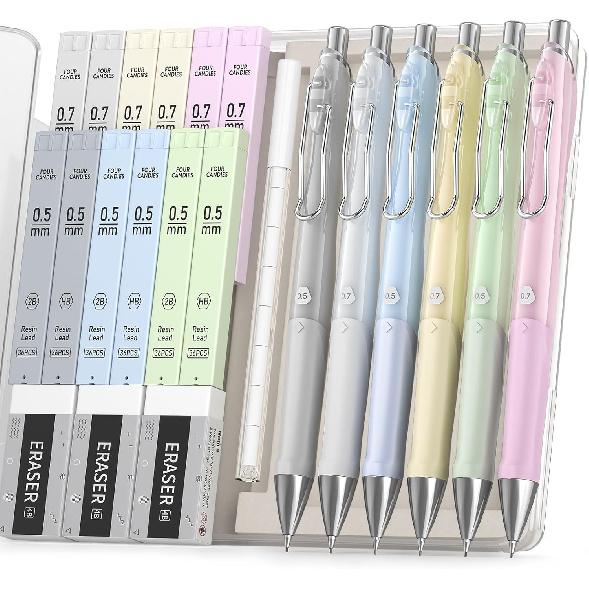 Four Candies Pastel Mechanical Pencil Set,6PCS Cute Mechanical Pencils with 432PCS 0.5 & 0.7 mm HB/2B Leads, 3PCS Erasers, 9PCS Eraser Refills,School 0.5+0.7