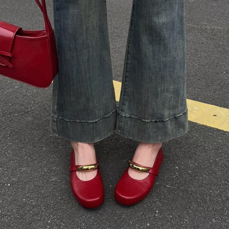 

Версия из мягкой кожи~ красные туфли-лодочки с ручной царапиной, весна 2025, универсальные повседневные туфли на плоской подошве с неглубоким вырезом 40