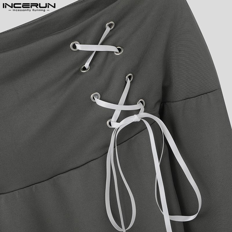 INCERUN Men Off Shoulder Bandage Lace Up Fitted Long Sleeve Crop Tops