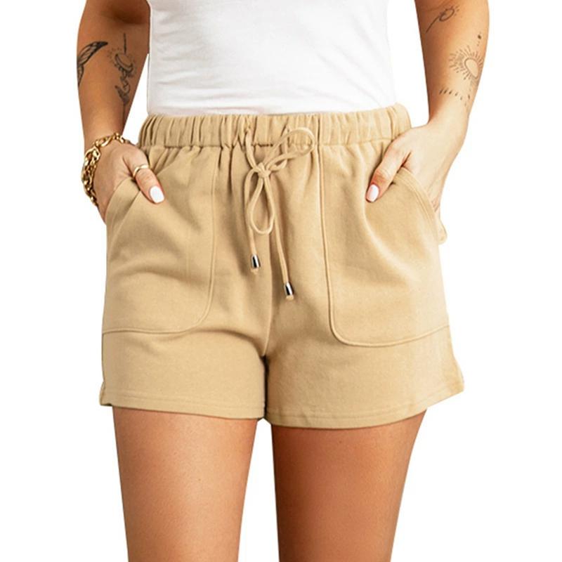 Women Solid Color Casual Sports Shorts High Waist Straight Drawstring Loose Shorts M
