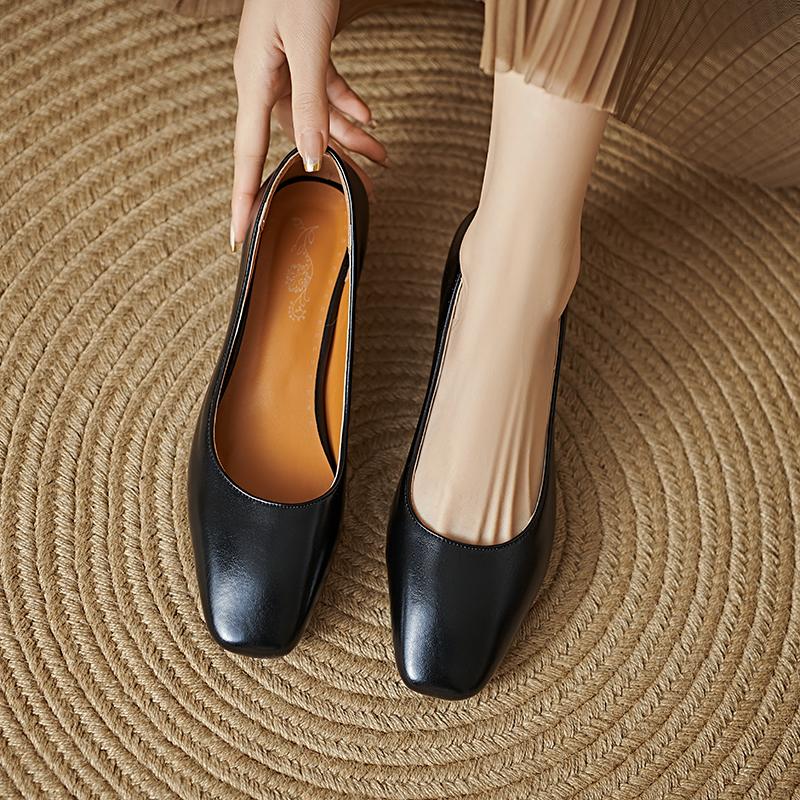 Women's High-heeled Single Shoes Simple and Versatile Thick Heel Large Size Square Head Shallow Mouth Low-top Shoes