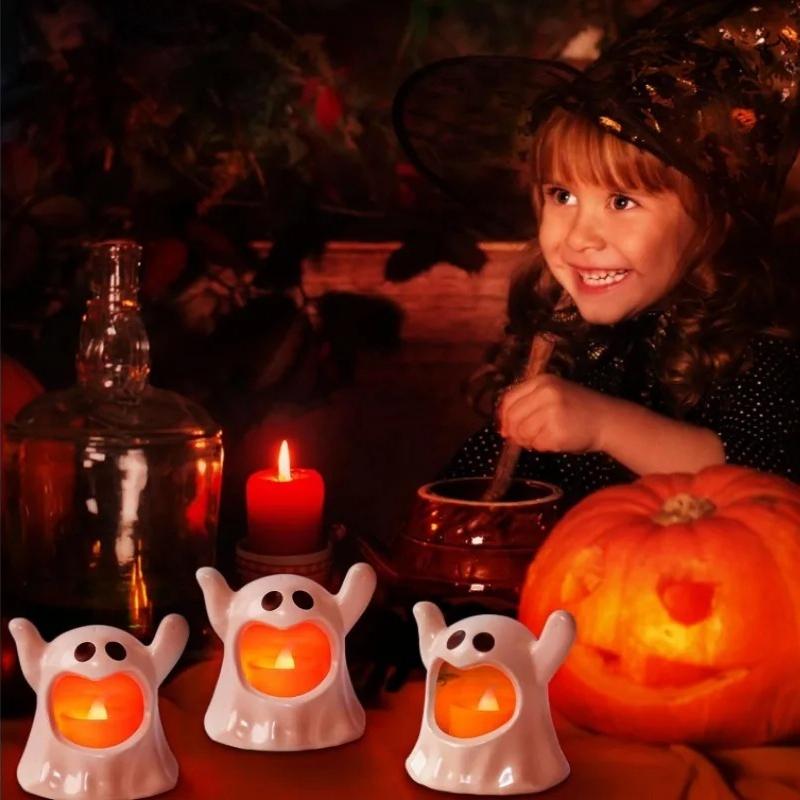 Halloween Ghost LED Candle Light Flickering Candle Lamp Black White Ghost Tealight Horror Table Decor for Party Haunted House