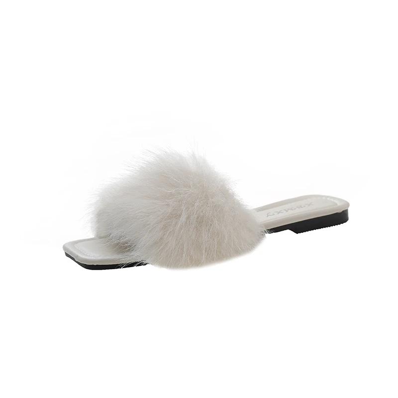 Fashion Summer Faux Fur Slippers Women Indoor Furry Fur Slides Female Plush Flip Flops Flats Sandals Casual Fluffy Slipper Outdoor Shoes