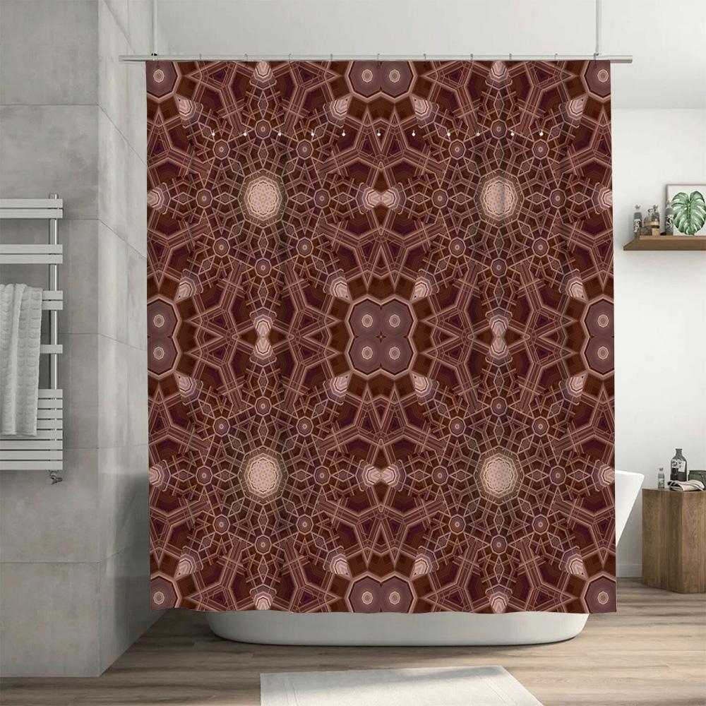 Kaleidoscope Shower Curtain Rustic Boho Style Bathroom Decor Waterproof Fabric Handmade Customizable Size 160x185cm Red Beige