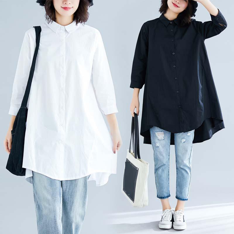 Summer Loose Lapel Seven Quarter Sleeve Women's Mid Long Length Shirt
