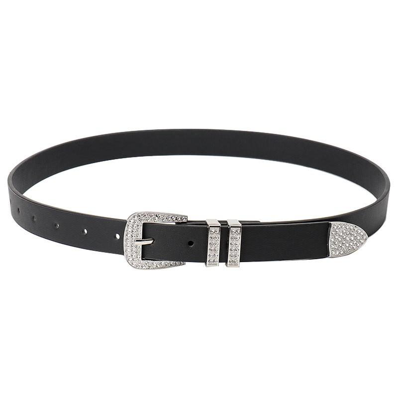 Womens Black PU Leather Belt With Rhinestone Decor Alloy Buckle Y2K Chic Waist Accessory Jeans Casual Office Wear