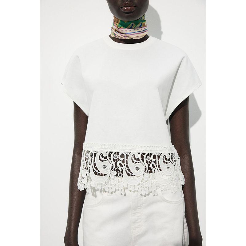 Summer New Product Women's Clothes Silm Straight-leg Cotton Embossed Lace Patchwork Short Sleeve round Neck T-shirt 0858192