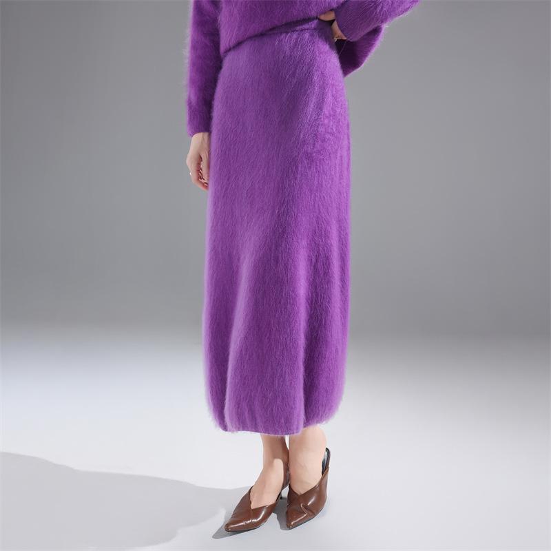 Autumn/Winter 100% Wool Solid Color Women's Slimming Midi Knitted Skirt