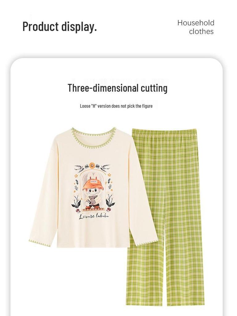 Piżama damska z długim rękawem i nadrukiem w kreskówkowe wzory, z wkładką na klatkę piersiową – uroczy komplet z okrągłym dekoltem do noszenia w domu lub na okrycia wierzchnie wiosną, jesienią i zimą