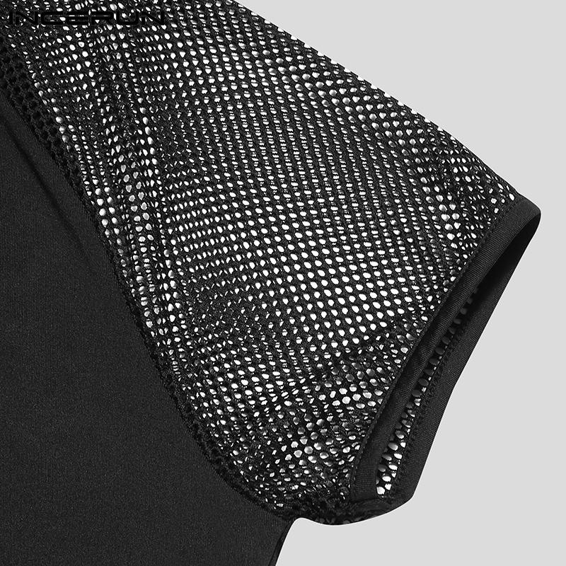 INCERUN Sommer Herren Mesh Patchwork Rundhals Kurzarm Tops Atmungsaktiv