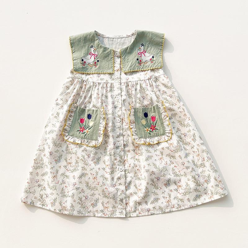 Girls Summer Sleeveless Dress Sweet Floral Collar Contrast Animal Embroidery Baby Dress 130cm