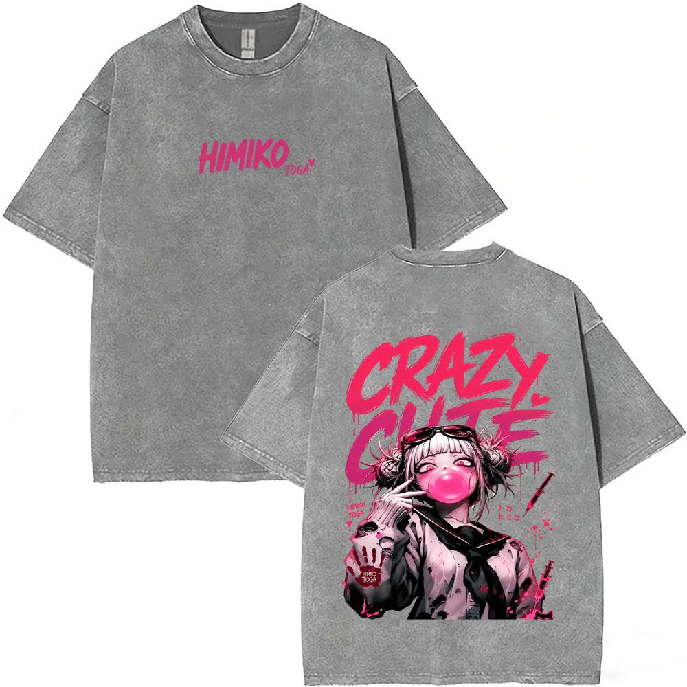 Washed Vintage Anime My Hero Academia Himiko Toga Graphic T-shirt ga Casual T-shirts Unisex Y2k Oversized T Shirts