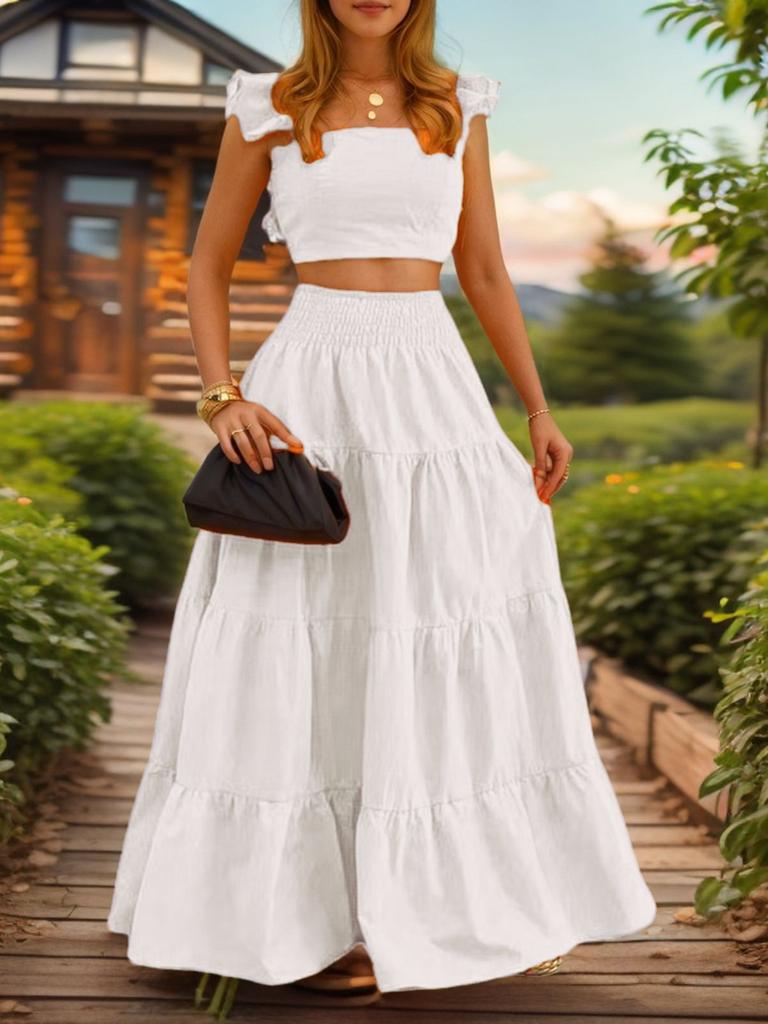 Letní nový sexy temperamentní jednobarevný maxi dvoudílný outfitový set šaty se špagetovými ramínky