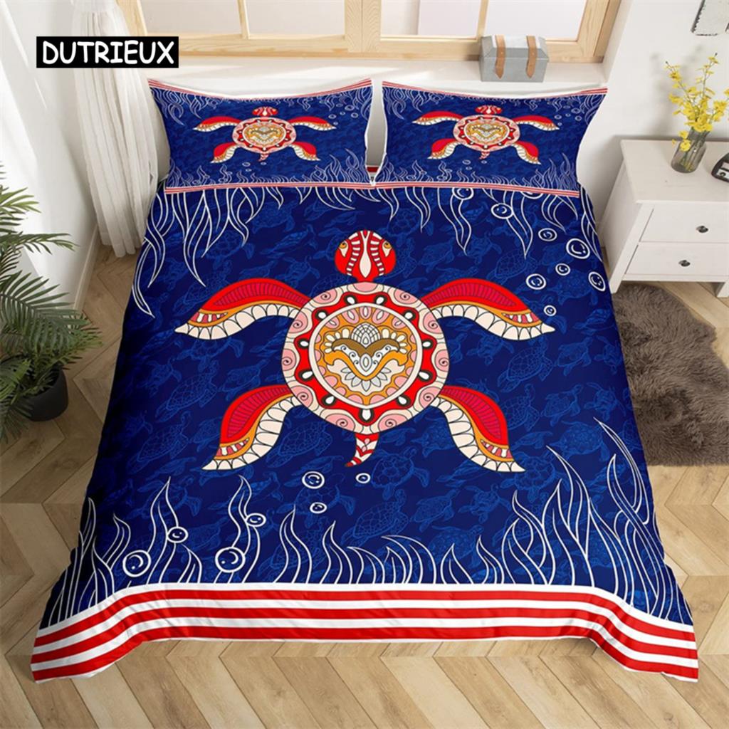 Sea Turtle Duvet Cover Sea Turtle Jellyfish Coral Reef Bedding Set Microfiber Blue Ocean Underwater World Queen King Quilt Cover