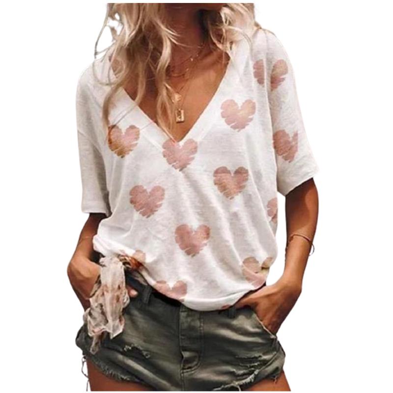 

Fashion Spring Love Print Blouses Short Sleeved V-Neck T Shirts Casual XS синий