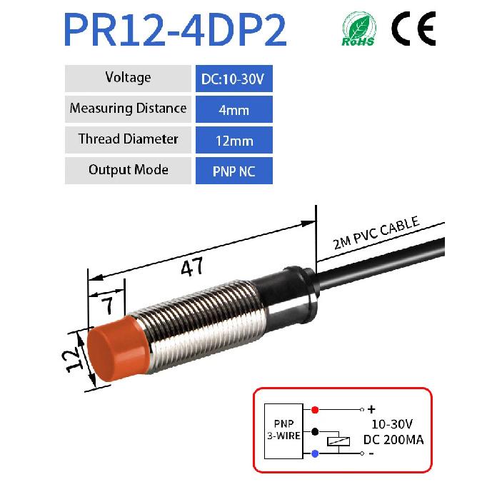 GTRIC PR12 Inductive Proximity Sensor PR12-4DN PR12-4DP M12 Short Type Proximity Switch 4MM Non-Flush 10-30V DC NPN PNP 2M Cable