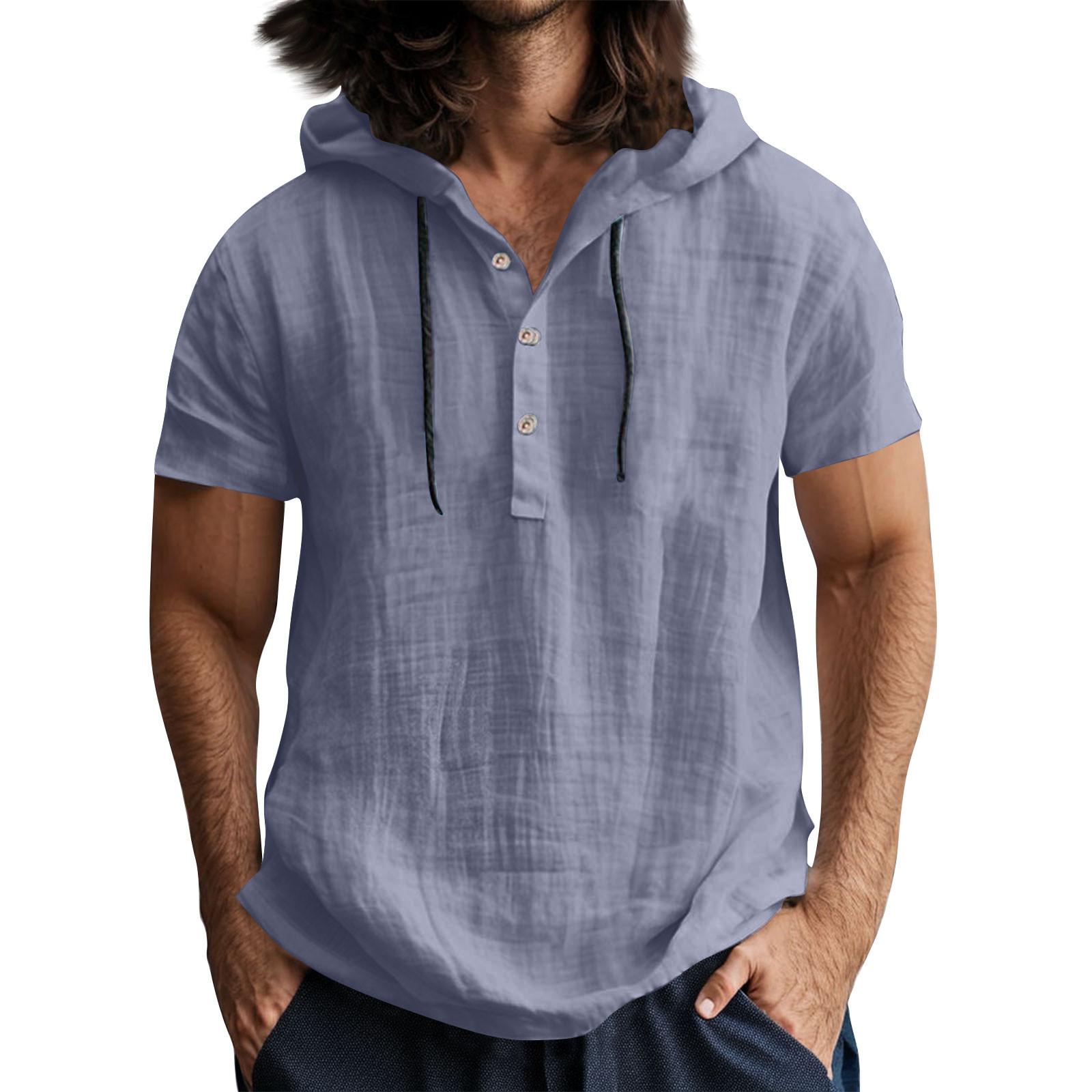 

Чоловіча повсякденна футболка з короткими рукавами та капюшоном, застібнута на ґудзики, з відкритим коміром XXL Темно-синій