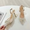 Fashion Spring 2025 New Style Of Hollowed-Out Lace Pearl Bow Lace Pointed Tip Sexy And Versatile Sandals For Women And High Heels