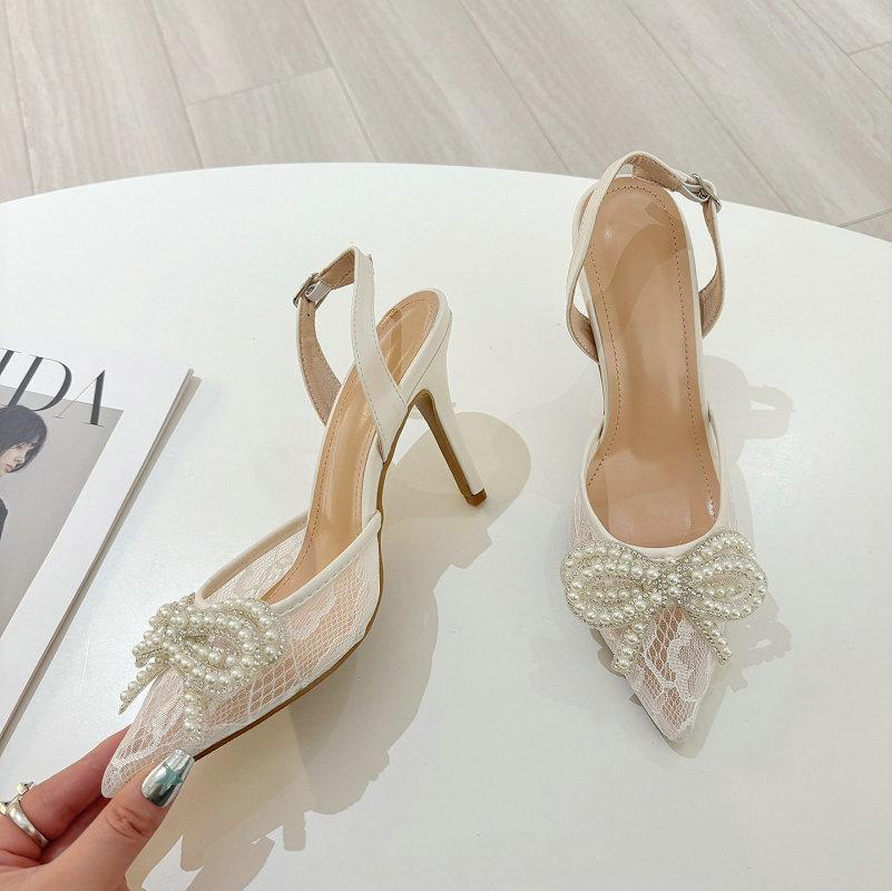 Fashion Spring 2025 New Style Of Hollowed-Out Lace Pearl Bow Lace Pointed Tip Sexy And Versatile Sandals For Women And High Heels