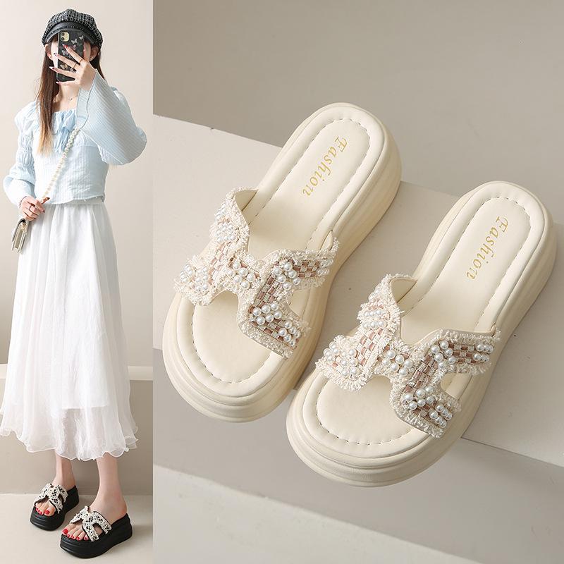 

2025 Women s Pearl Platform Sandals - Trendy Summer Slip-Ons with Thick Soles Size 39 чорний