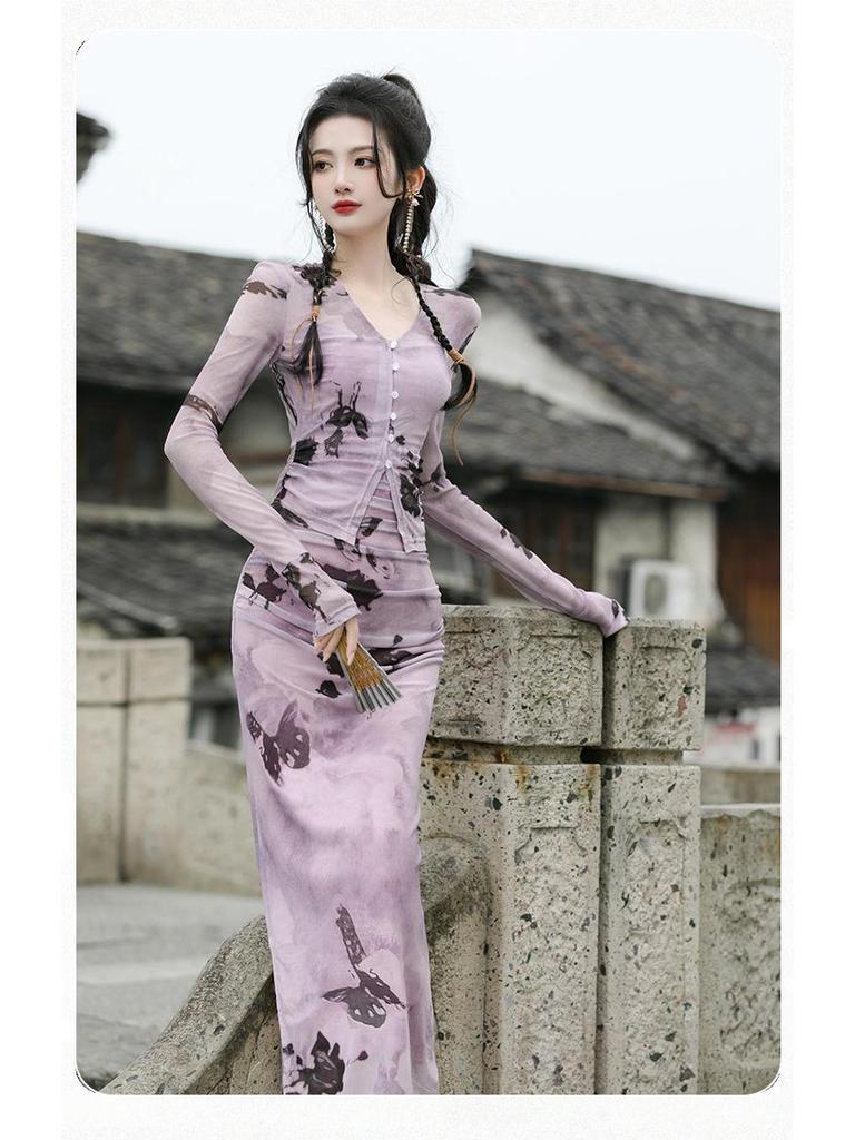 Lila Tuschemalerei Trägerkleid & Strickjacke: Zweiteiliges Set im chinesischen Stil für Damen - Frühling/Herbst Langschlitzdesign