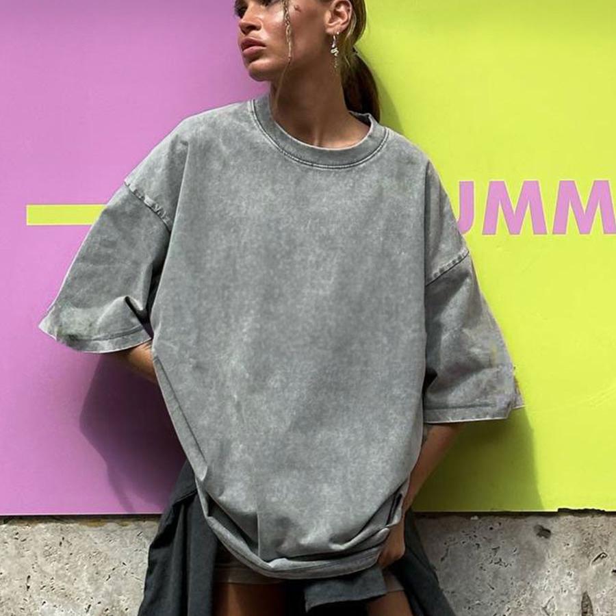 Women Men 100% Cotton Retro T-shirt Men Women Vintage Short-sleeve Wax Printing T Shirts Solid Color Hip Hop Loose Tees