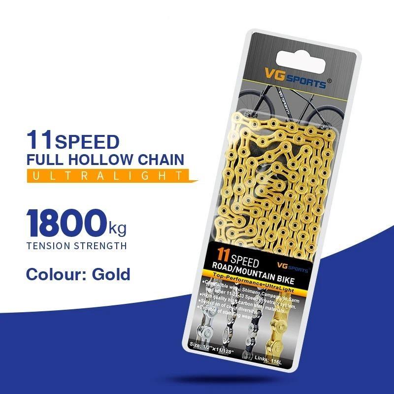 Ultraleichte 9 10 11-Gang-Fahrradkette, halbvoll hohl, 116L, Silber/Gold, Mountain MTB Rennradketten