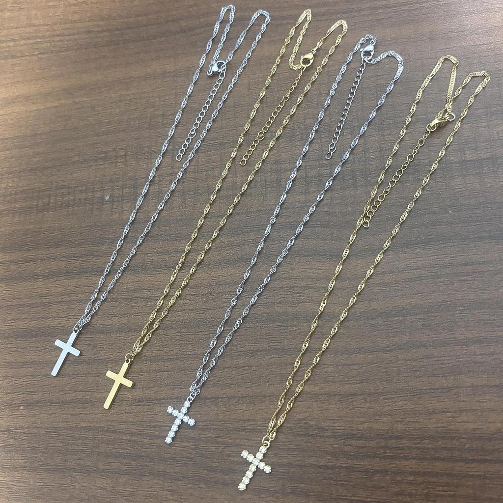 Eco-friendly Brass Cross Necklace - 18K Gold Water Wave Chain with Zircon Accents