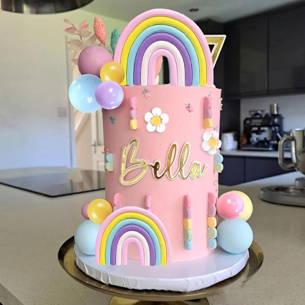 35 Pcs Cake Toppers Pastel Cake Topper with Flower Rainbow Balls Groovy Party Decorations for Birthday Wedding Party Supplies