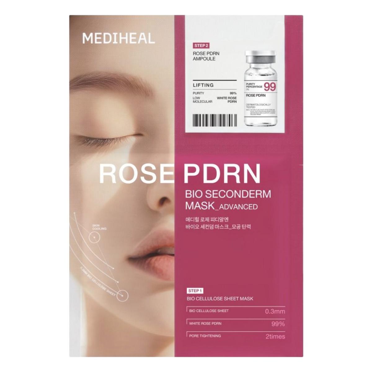 Mediheal Rose PDRN Bio Seconderm Mask Pore Tightening Pack 10 Sheets 1 Box Set - Sebum Adsorption Pore Cooling Bio-Cellulose Sheet Mask