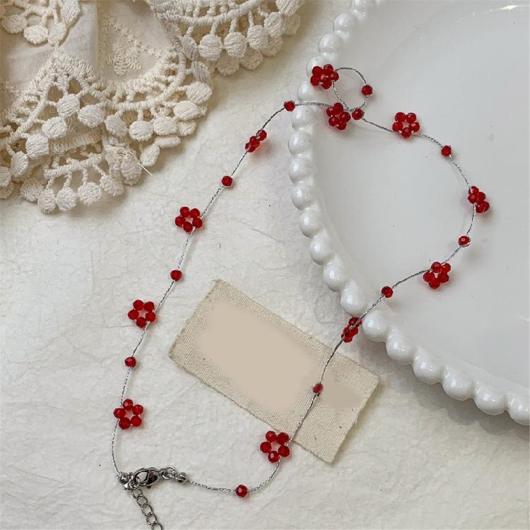 Hypoallergenically Crystal Bead Necklace Red Flower Detailing Lightweight Layering Jewelry Women Clavicle Chain