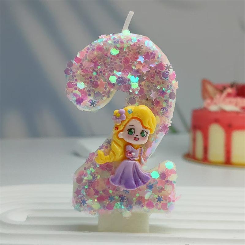 Creative Styling Cartoon Rapunzel Digital Candle Birthday Cake Decoration Colorful Sequin Candle