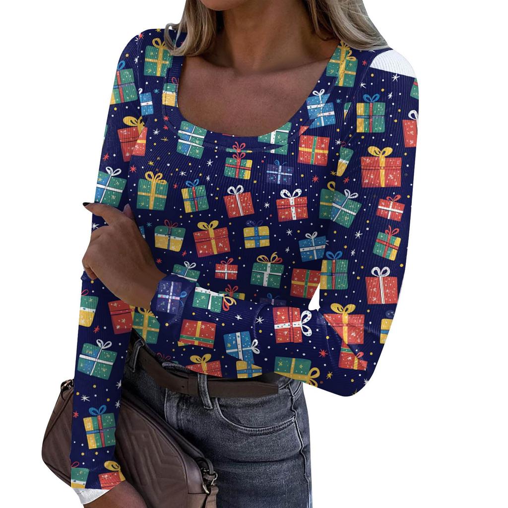 Damenmode Slim Bottom Casual Langarm Weihnachten bedruckt Pullover U-Ausschnitt Top